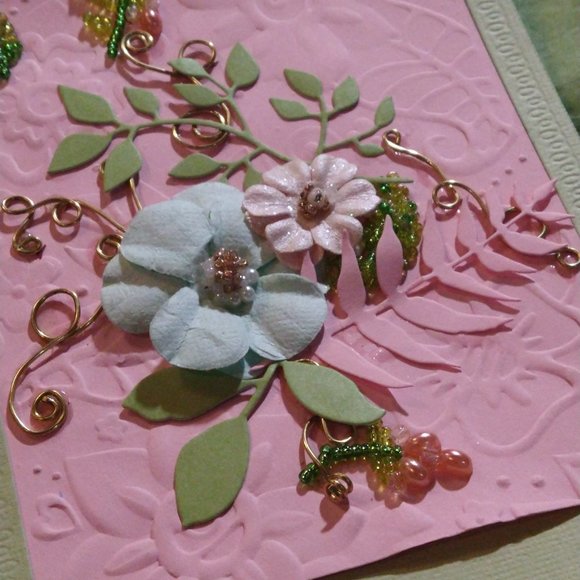 Bleu/Pink Flowers w Brass Vines Jewelled Sentiments - Picture 2 of 3